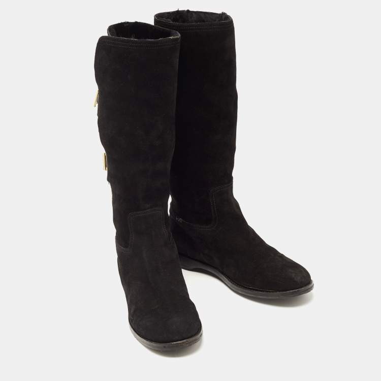 Pre Owned Jimmy Choo Black Suede Buckle Detail Mid Calf Boots Size 41