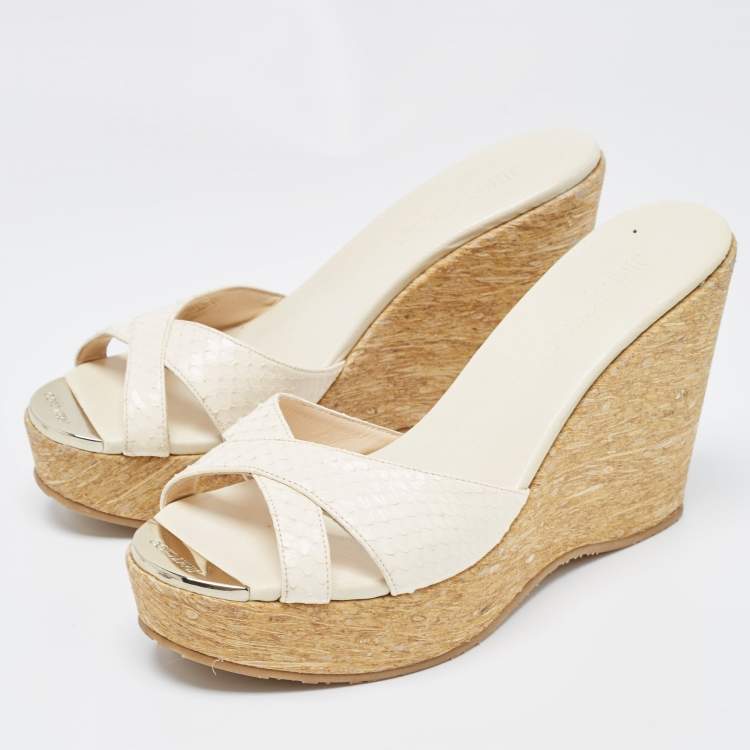 Pre Owned Jimmy Choo White Python Leather Prima Wedge Platform Sandals Size 38.5
