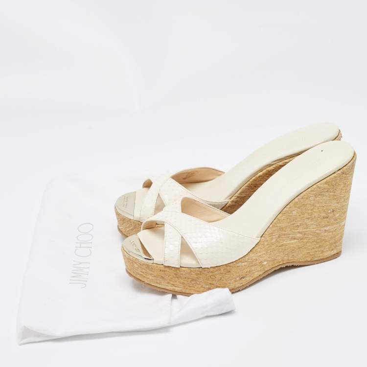 Pre Owned Jimmy Choo White Python Leather Prima Wedge Platform Sandals Size 38.5