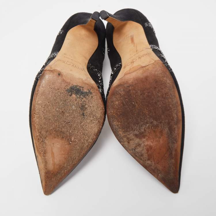 Pre Owned Jimmy Choo Black Suede and Mesh Crystal Pointed Toe Pumps Size 38.5