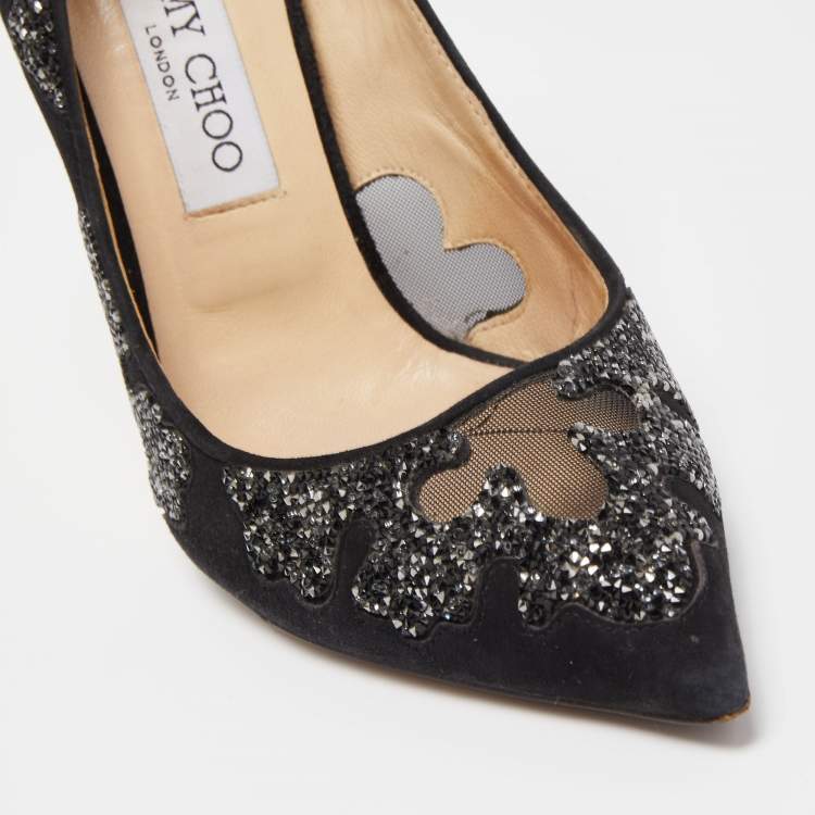 Pre Owned Jimmy Choo Black Suede and Mesh Crystal Pointed Toe Pumps Size 38.5