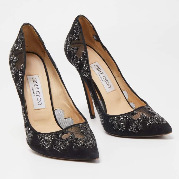 Pre Owned Jimmy Choo Black Suede and Mesh Crystal Pointed Toe Pumps Size 38.5