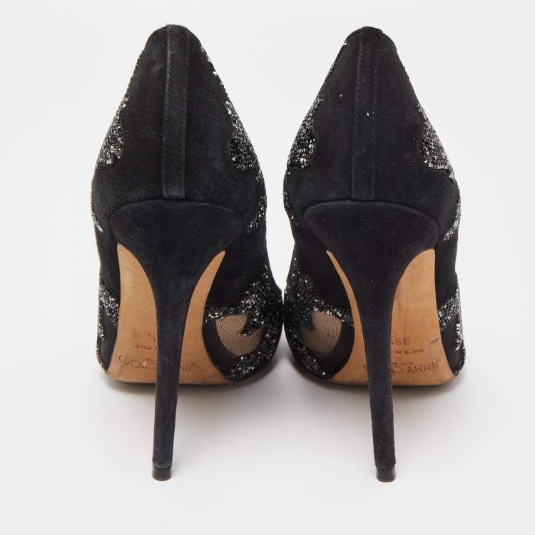 Pre Owned Jimmy Choo Black Suede and Mesh Crystal Pointed Toe Pumps Size 38.5