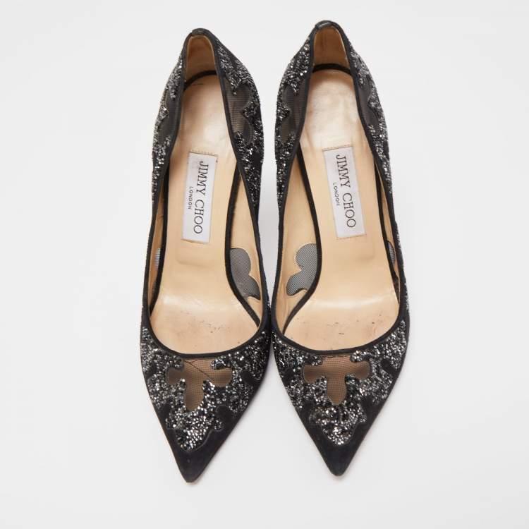 Pre Owned Jimmy Choo Black Suede and Mesh Crystal Pointed Toe Pumps Size 38.5