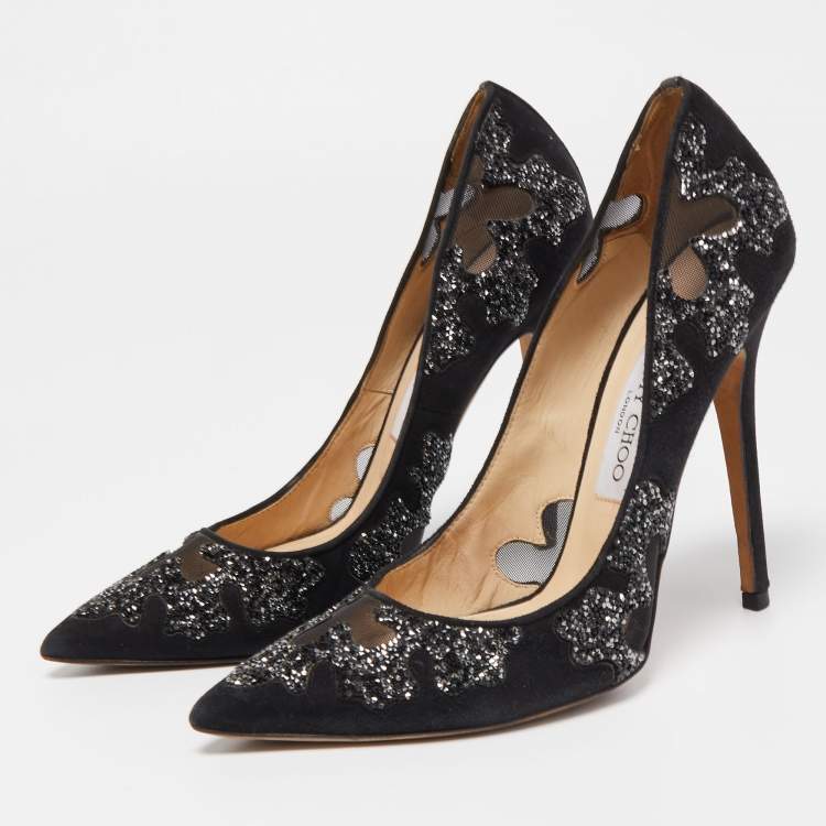 Pre Owned Jimmy Choo Black Suede and Mesh Crystal Pointed Toe Pumps Size 38.5
