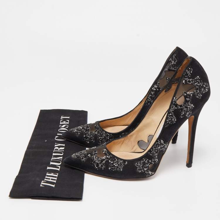 Pre Owned Jimmy Choo Black Suede and Mesh Crystal Pointed Toe Pumps Size 38.5