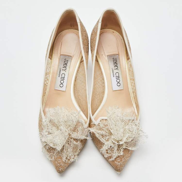 مملوكة مسبقًا Jimmy Choo Beige Lace and Leather Pointed Toe Pumps Size 36.5