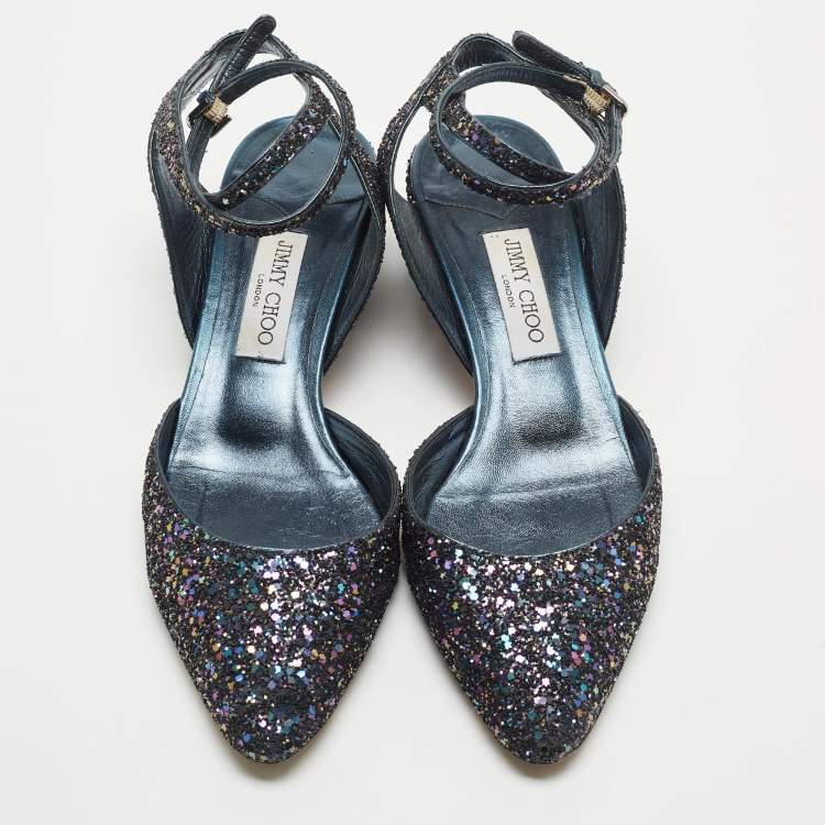 Pre Owned Jimmy Choo Navy Blue Coarse Glitter Micky Pumps Size 41