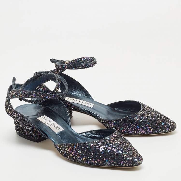 Pre Owned Jimmy Choo Navy Blue Coarse Glitter Micky Pumps Size 41