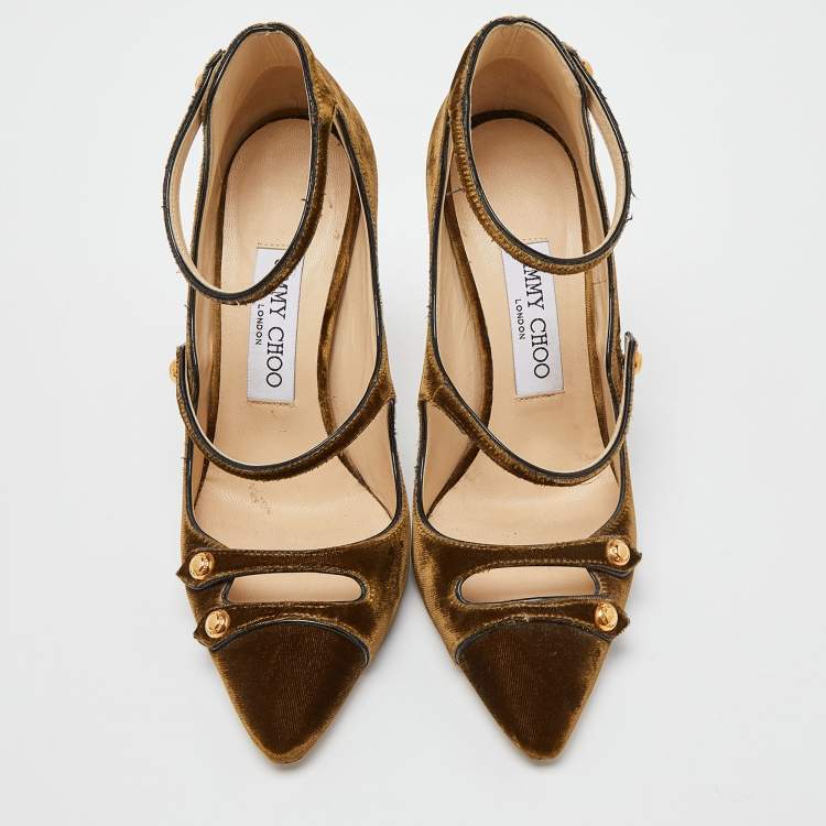 Pre Owned Jimmy Choo Olive Green Velvet Lacey Pumps Size 36