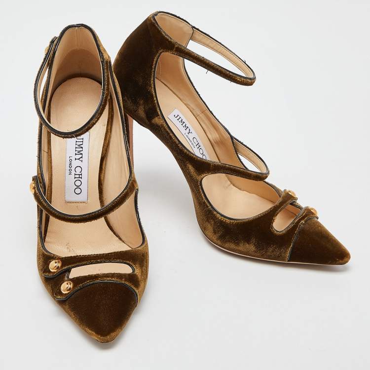 Pre Owned Jimmy Choo Olive Green Velvet Lacey Pumps Size 36
