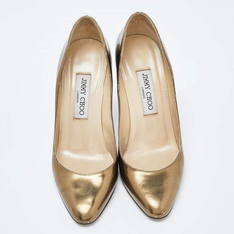 Pre Owned Jimmy Choo Gold Patent Leather Gilbert Pumps Size 37