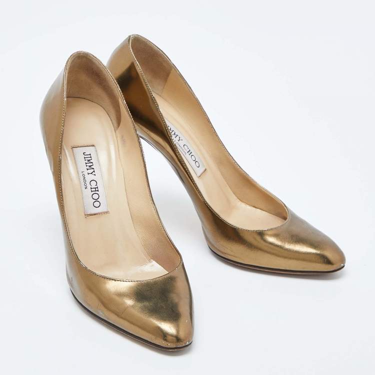 Pre Owned Jimmy Choo Gold Patent Leather Gilbert Pumps Size 37