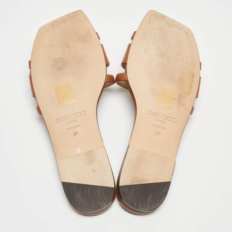 Pre Owned Jimmy Choo Brown Leather Laran Flat Slides Size 37