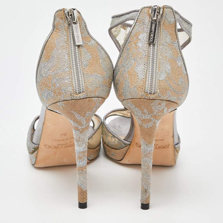Pre Owned Jimmy Choo Silver Mesh and Leather Ankle Strap Sandals Size 38