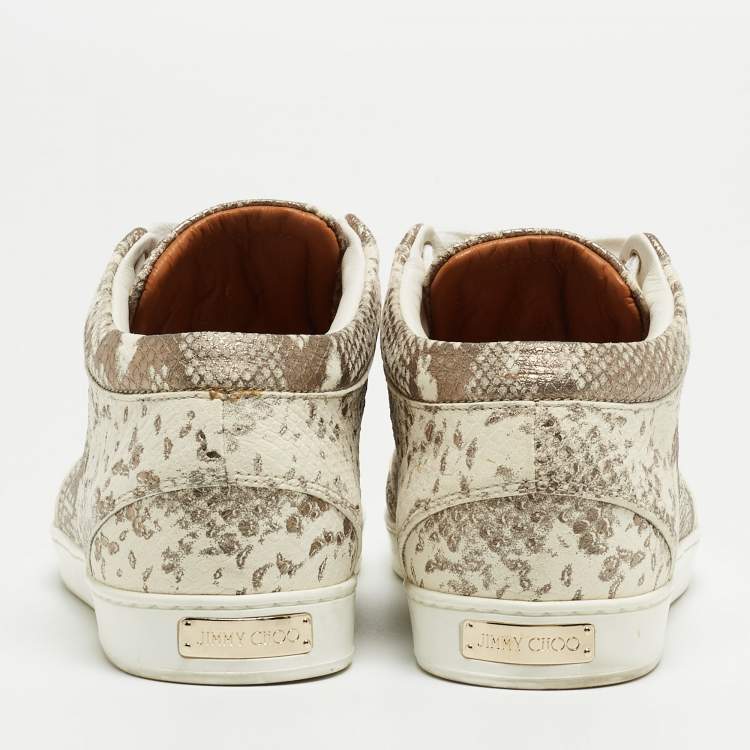 Pre Owned Jimmy Choo Metallic White Python Embossed Leather Low Top Sneakers Size 36