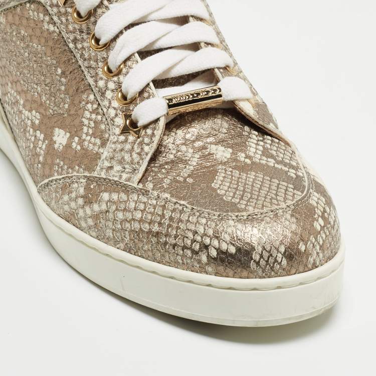 Pre Owned Jimmy Choo Metallic White Python Embossed Leather Low Top Sneakers Size 36