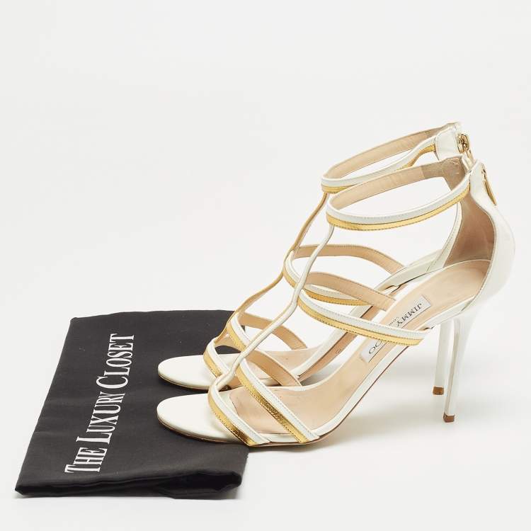 Pre Owned Jimmy Choo White/Gold Patent and Leather Ankle Sandals Size 39.5