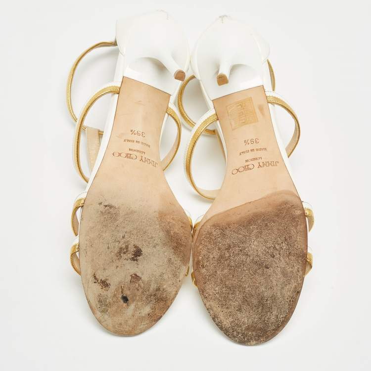 Pre Owned Jimmy Choo White/Gold Patent and Leather Ankle Sandals Size 39.5