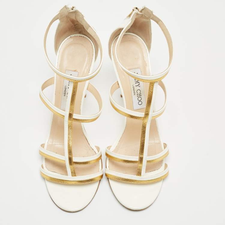 Pre Owned Jimmy Choo White/Gold Patent and Leather Ankle Sandals Size 39.5