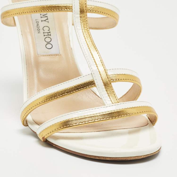 Pre Owned Jimmy Choo White/Gold Patent and Leather Ankle Sandals Size 39.5