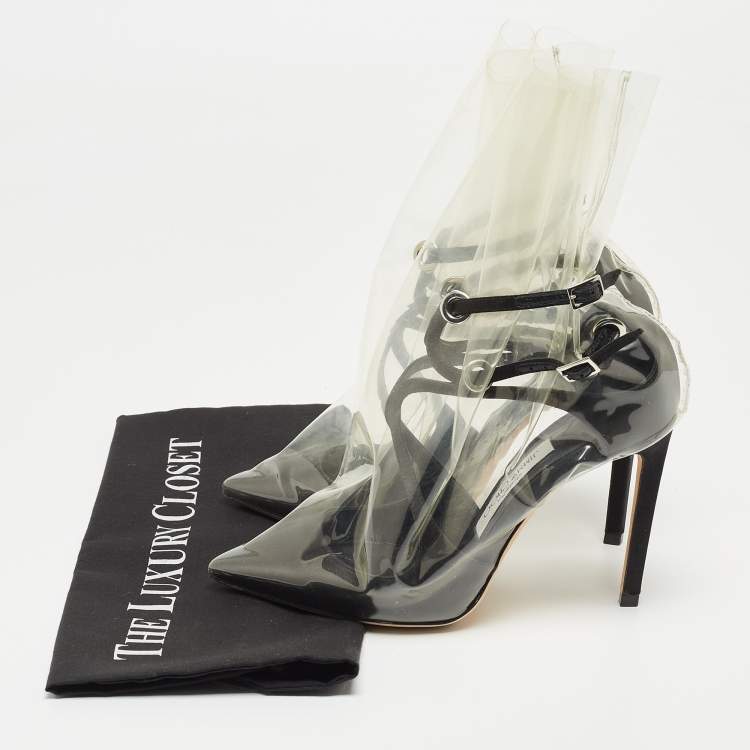 Pre Owned Jimmy Choo X Off-White Black/Transparent Satin And PVC Pointed Toe Ankle Boots Size 36