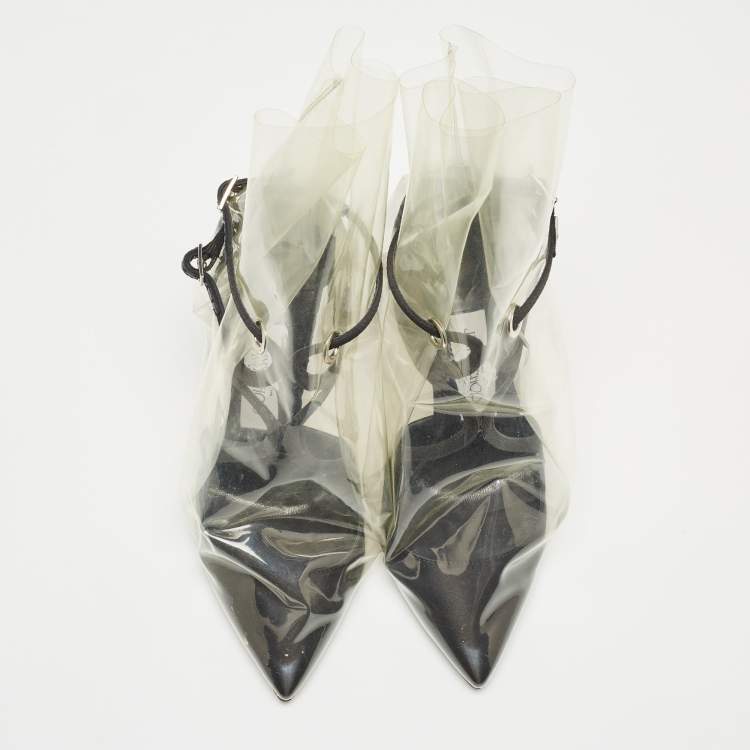 Pre Owned Jimmy Choo X Off-White Black/Transparent Satin And PVC Pointed Toe Ankle Boots Size 36