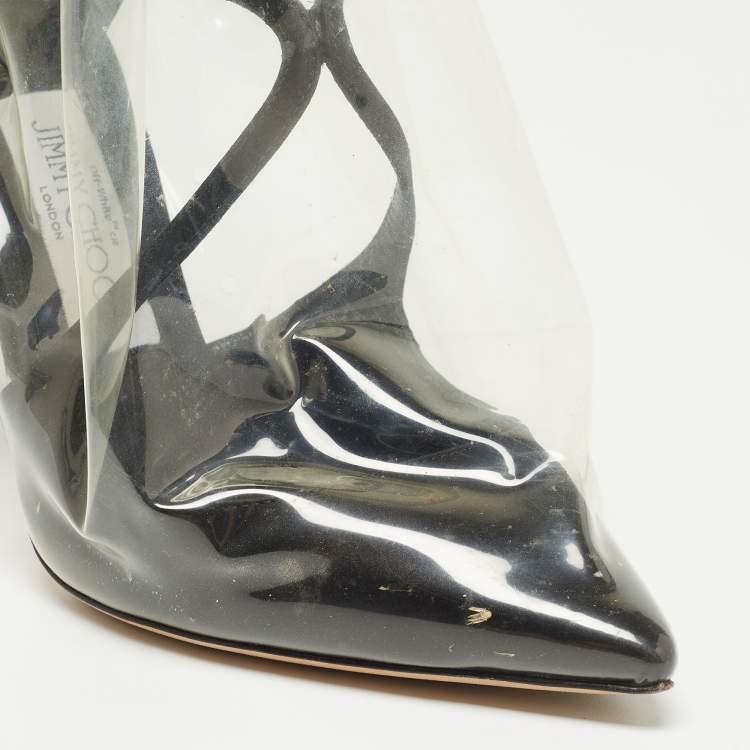 Pre Owned Jimmy Choo X Off-White Black/Transparent Satin And PVC Pointed Toe Ankle Boots Size 36