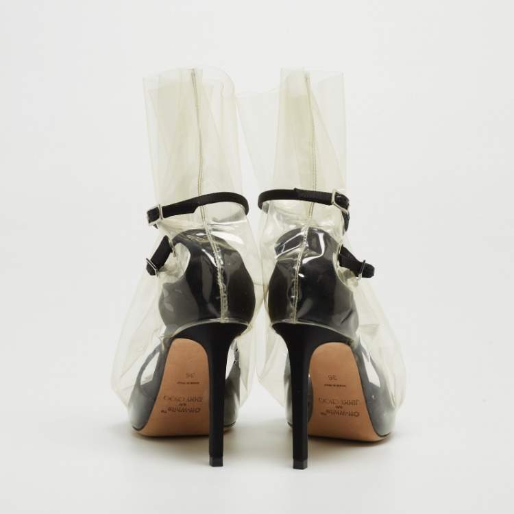 Pre Owned Jimmy Choo X Off-White Black/Transparent Satin And PVC Pointed Toe Ankle Boots Size 36