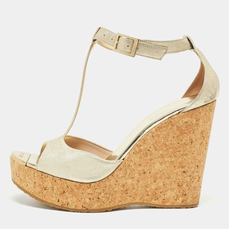 Pre Owned Jimmy Choo Gold Textured Leather Pela Cork Wedge Sandals Size 40.5