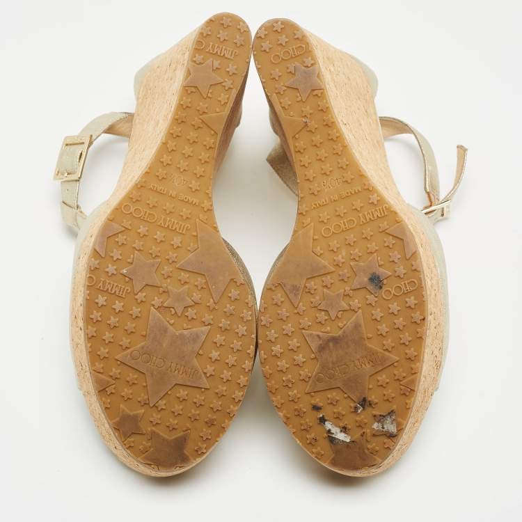 Pre Owned Jimmy Choo Gold Textured Leather Pela Cork Wedge Sandals Size 40.5