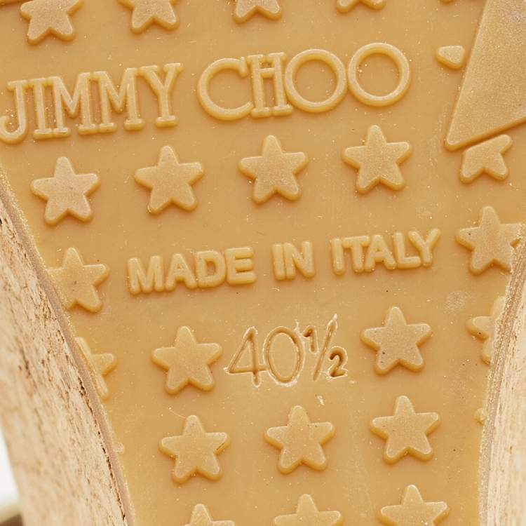 Pre Owned Jimmy Choo Gold Textured Leather Pela Cork Wedge Sandals Size 40.5