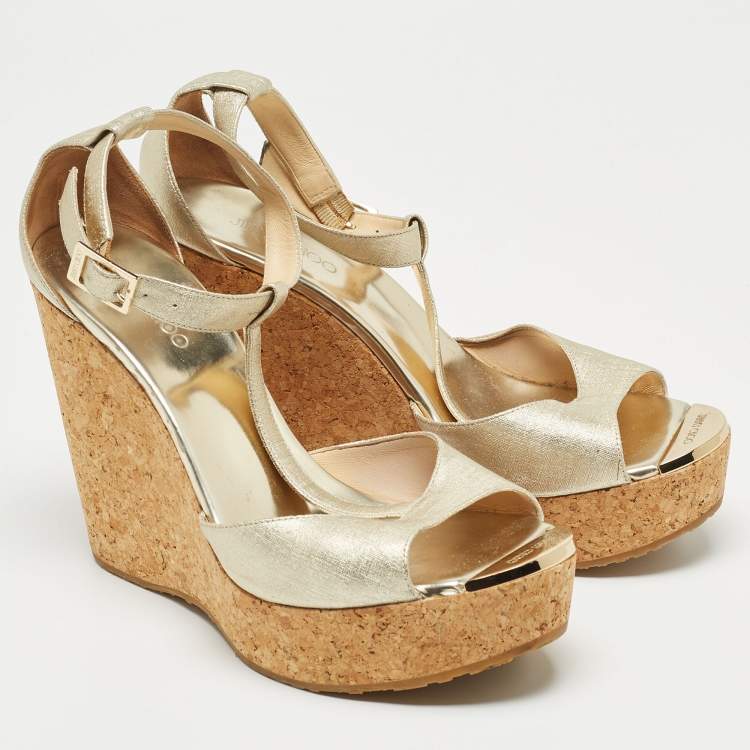 Pre Owned Jimmy Choo Gold Textured Leather Pela Cork Wedge Sandals Size 40.5