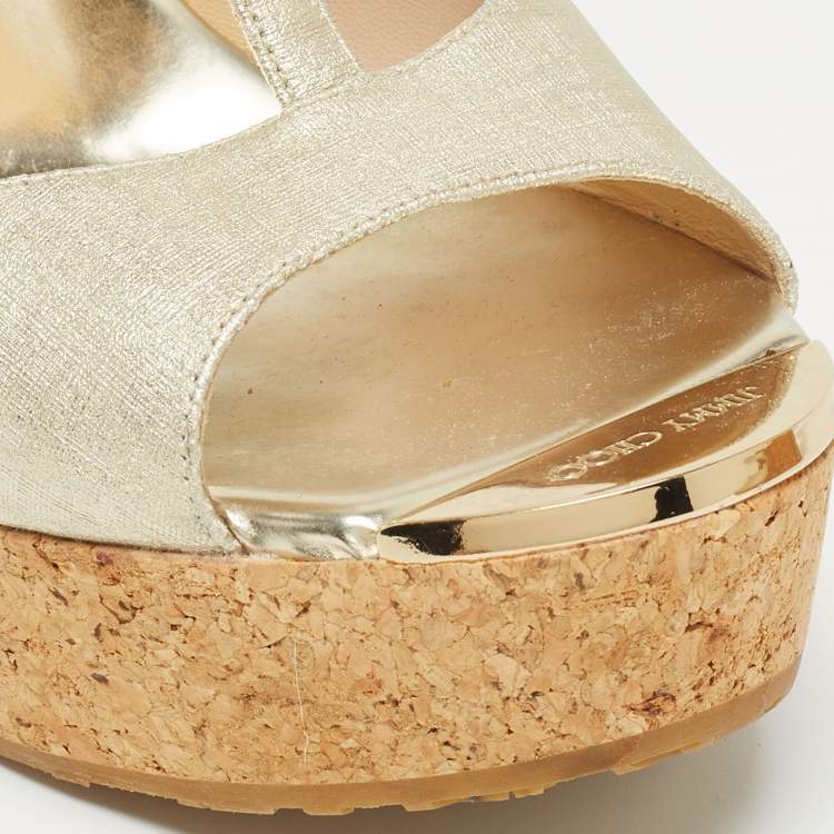 Pre Owned Jimmy Choo Gold Textured Leather Pela Cork Wedge Sandals Size 40.5
