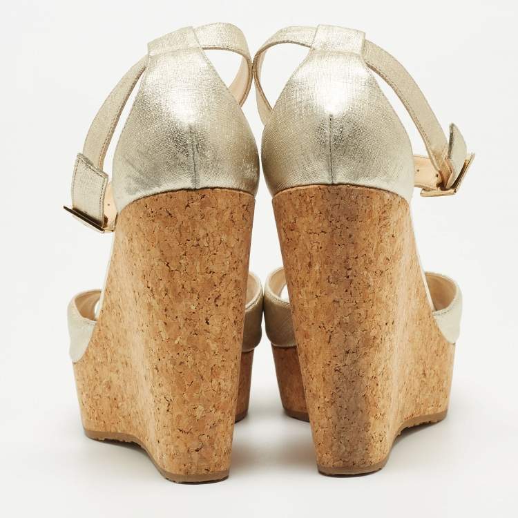 Pre Owned Jimmy Choo Gold Textured Leather Pela Cork Wedge Sandals Size 40.5