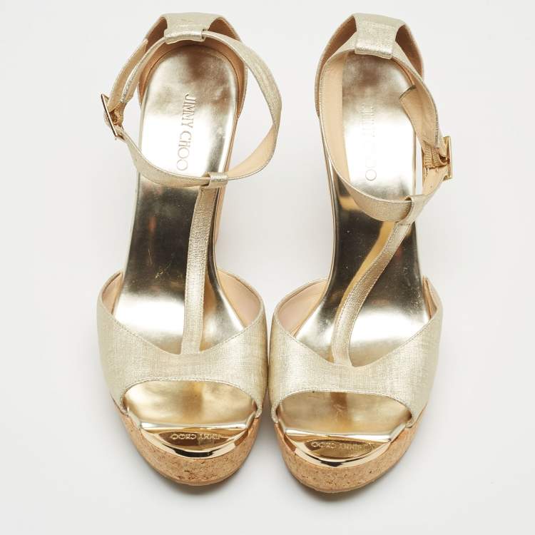 Pre Owned Jimmy Choo Gold Textured Leather Pela Cork Wedge Sandals Size 40.5