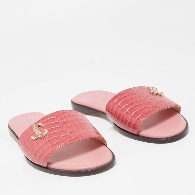 Pre Owned Jimmy Choo Pink Croc Embossed Minea Flat Slides Size 36