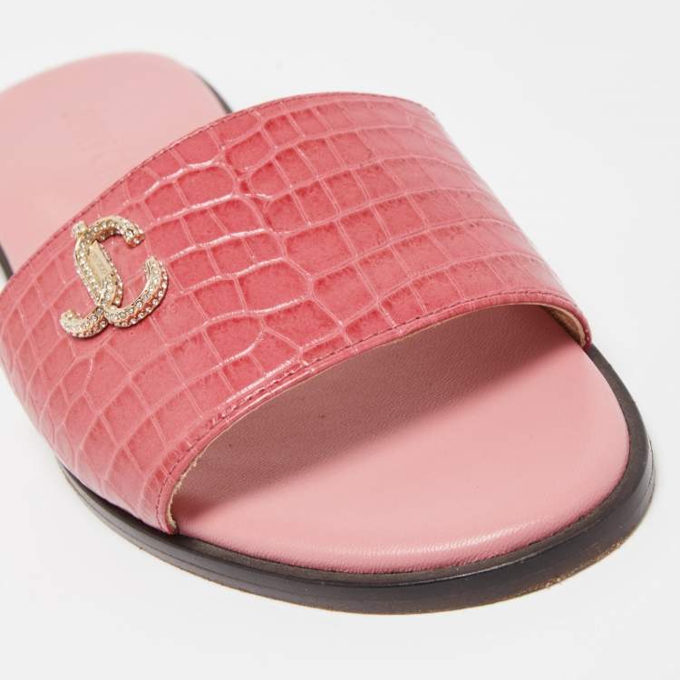 Pre Owned Jimmy Choo Pink Croc Embossed Minea Flat Slides Size 36