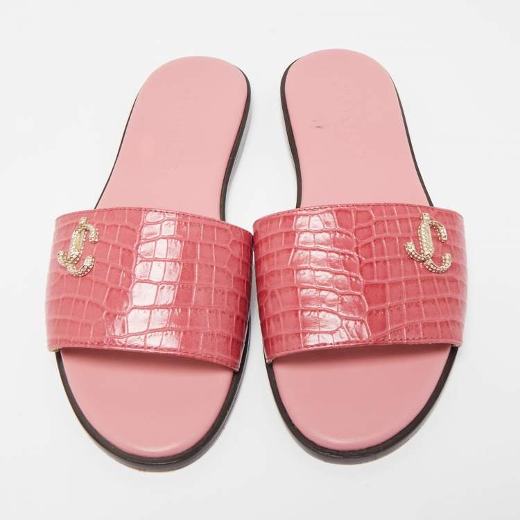 Pre Owned Jimmy Choo Pink Croc Embossed Minea Flat Slides Size 36