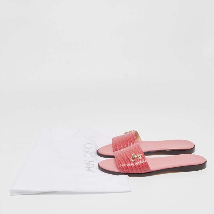 Pre Owned Jimmy Choo Pink Croc Embossed Minea Flat Slides Size 36
