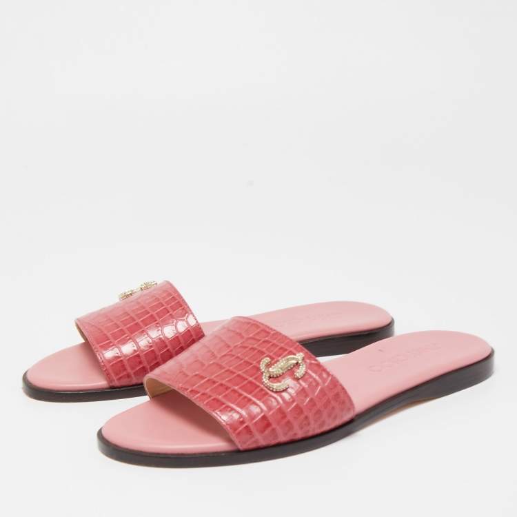 Pre Owned Jimmy Choo Pink Croc Embossed Minea Flat Slides Size 36