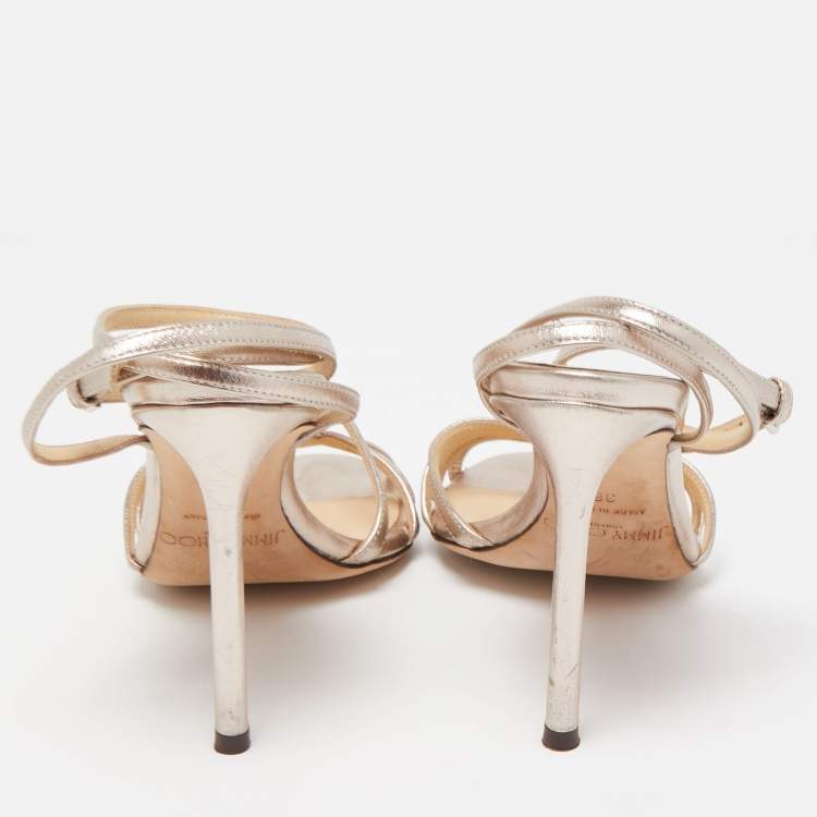 مملوكة مسبقًا Jimmy Choo Metallic Silver Leather Ankle Strap Sandals Size 36