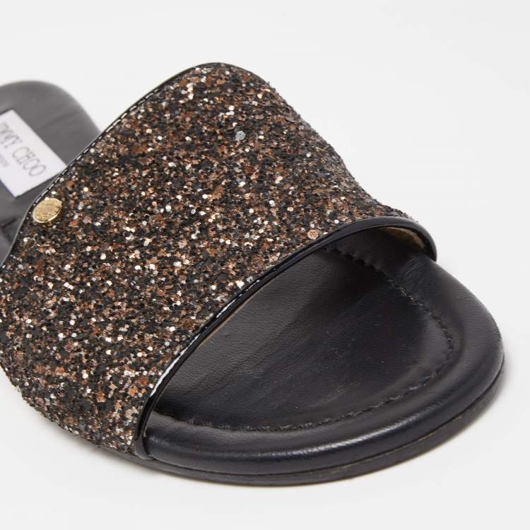 Pre Owned   Jimmy Choo Metallic Black Glitter and Patent Leather Nanda Flat Slides Size 40