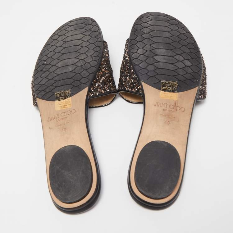 Pre Owned   Jimmy Choo Metallic Black Glitter and Patent Leather Nanda Flat Slides Size 40