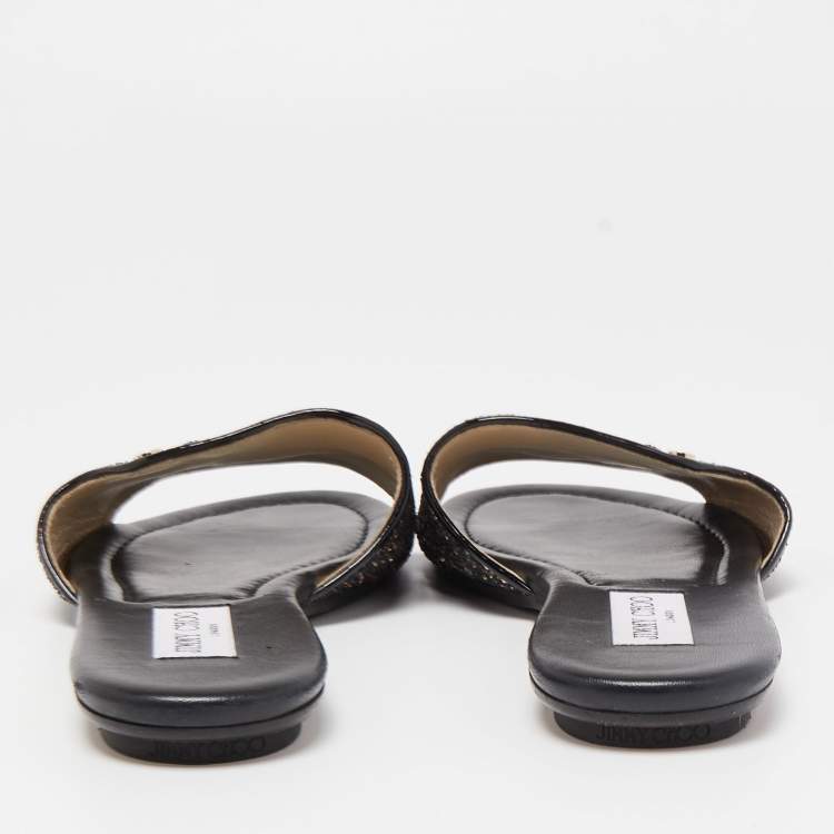 Pre Owned   Jimmy Choo Metallic Black Glitter and Patent Leather Nanda Flat Slides Size 40