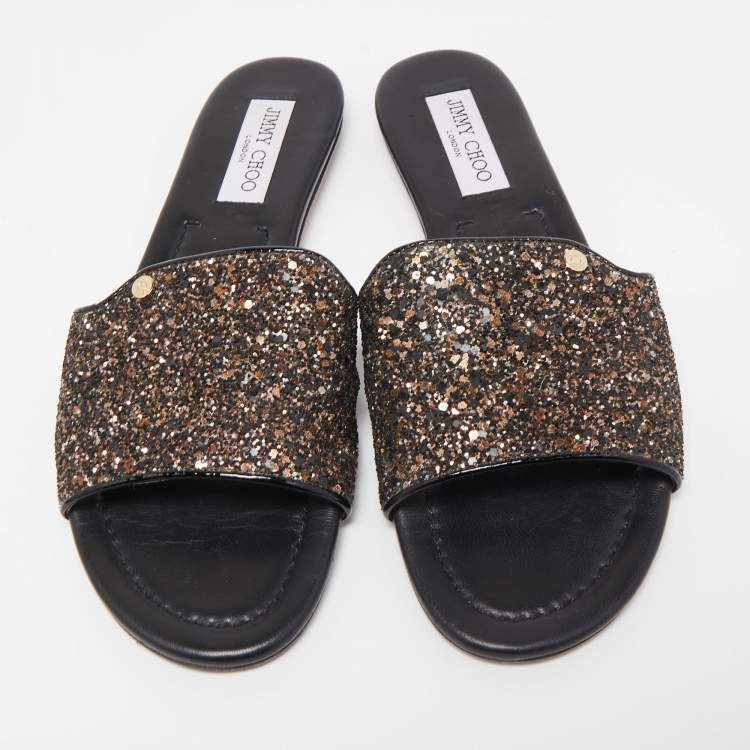 Pre Owned   Jimmy Choo Metallic Black Glitter and Patent Leather Nanda Flat Slides Size 40