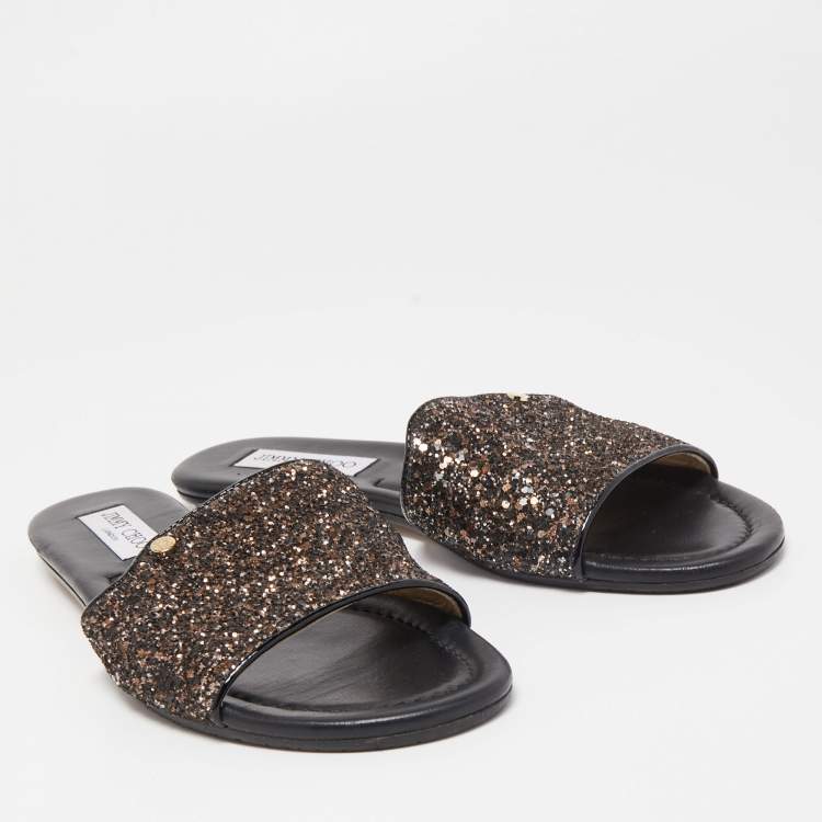 Pre Owned   Jimmy Choo Metallic Black Glitter and Patent Leather Nanda Flat Slides Size 40