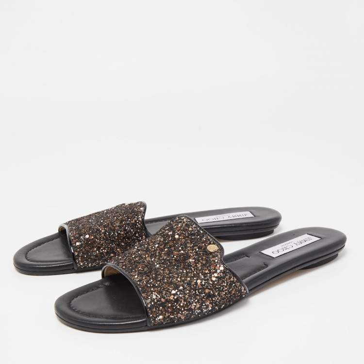 Pre Owned   Jimmy Choo Metallic Black Glitter and Patent Leather Nanda Flat Slides Size 40