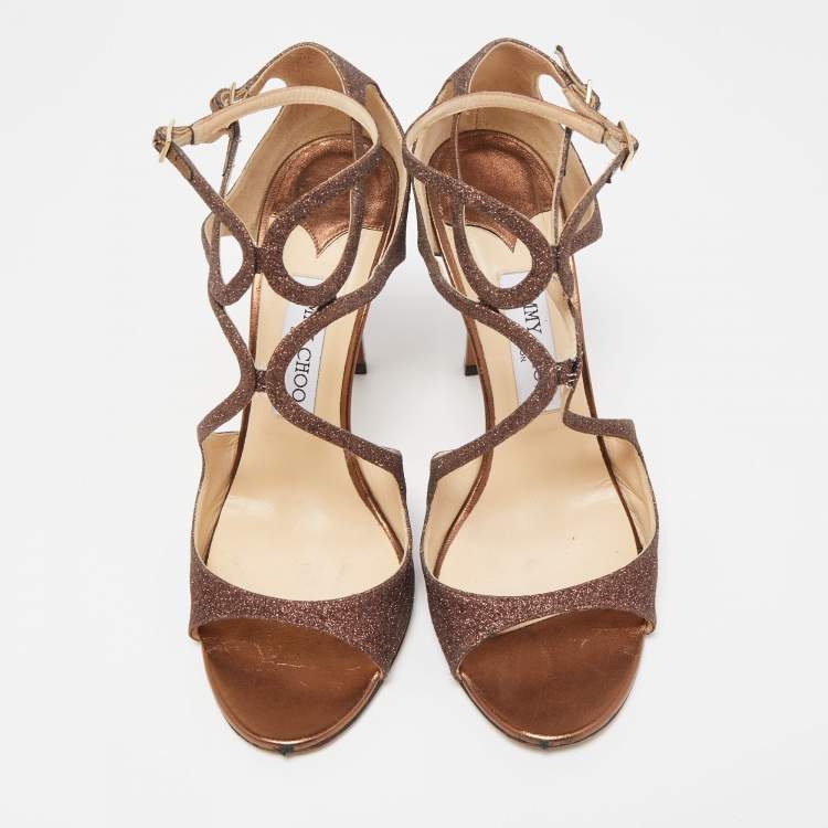 Pre Owned Jimmy Choo Metallic Brown Glitter Leather Lang Ankle Strap Sandals Size 41