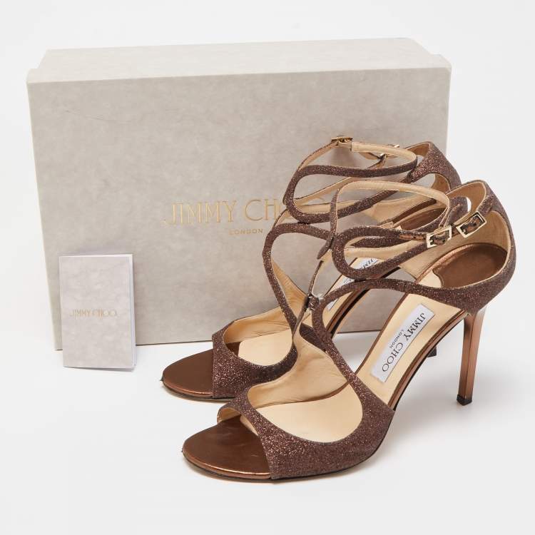 Pre Owned Jimmy Choo Metallic Brown Glitter Leather Lang Ankle Strap Sandals Size 41